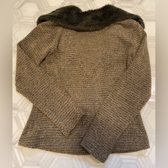 Vintage Green Faux Fur Collar Button Front Knit Cardigan Jacket Khaki Brown - Picture 6 of 6